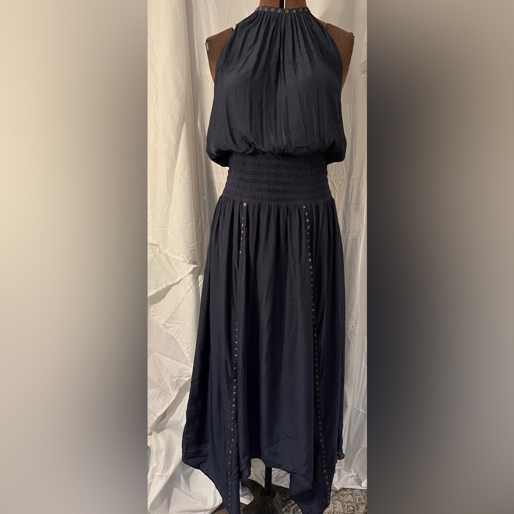Ramy Brook Navy Embellished Asymmetrical Midi Halter Dress New